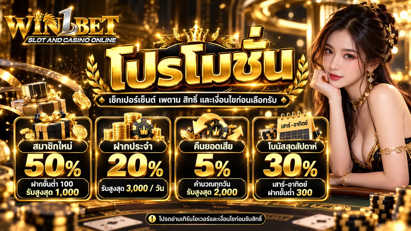 โปรโมชั่น win1bet เช็กเปอร์เซ็นต์ เพดาน สิทธิ์ และเงื่อนไขจากภาพก่อนเลือกรับ